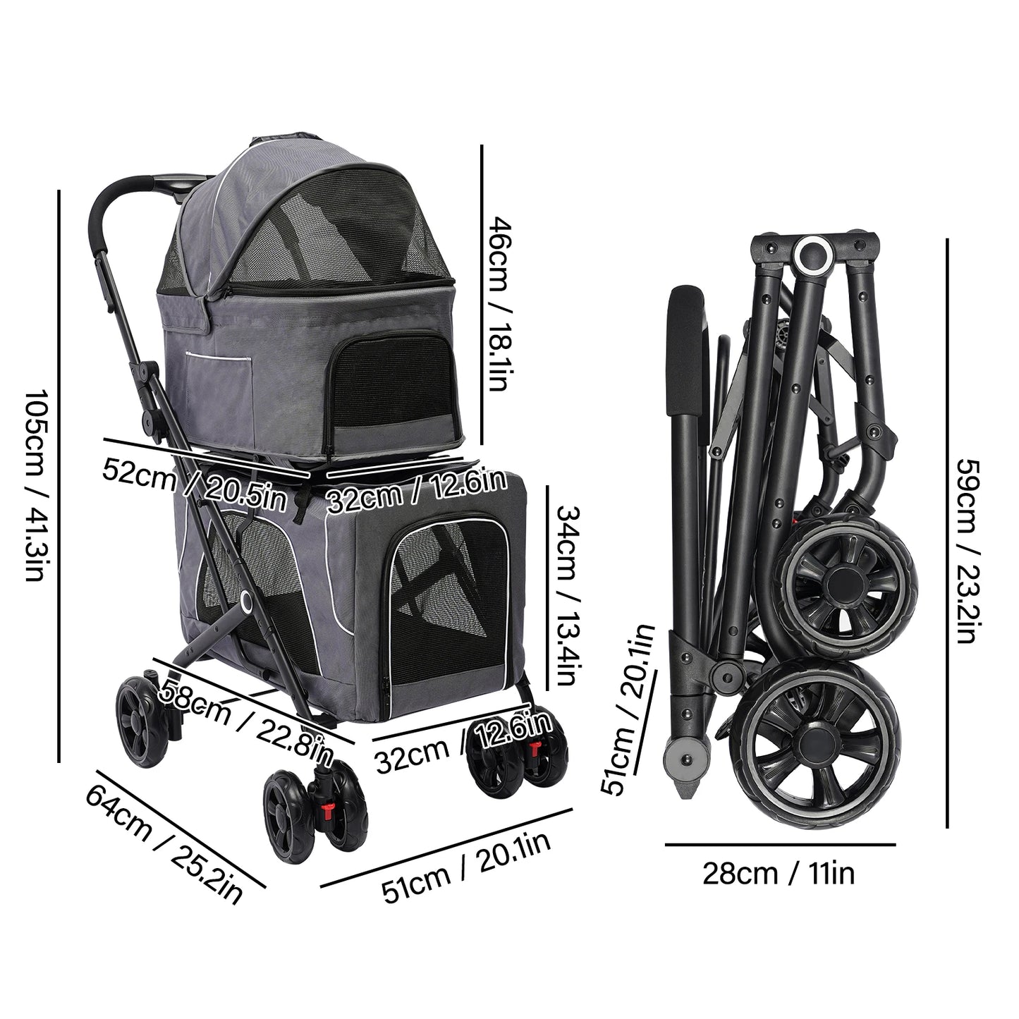 Foldable Pet Stroller For Dogs And Cats Double Carrier Travel Stroller With Storage Basket For Travel And Camping