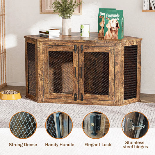 Wooden Dog House Corner Crate With Metal Mesh Door For Small To Medium Dogs Indoor Wall Corner Kennel Furniture