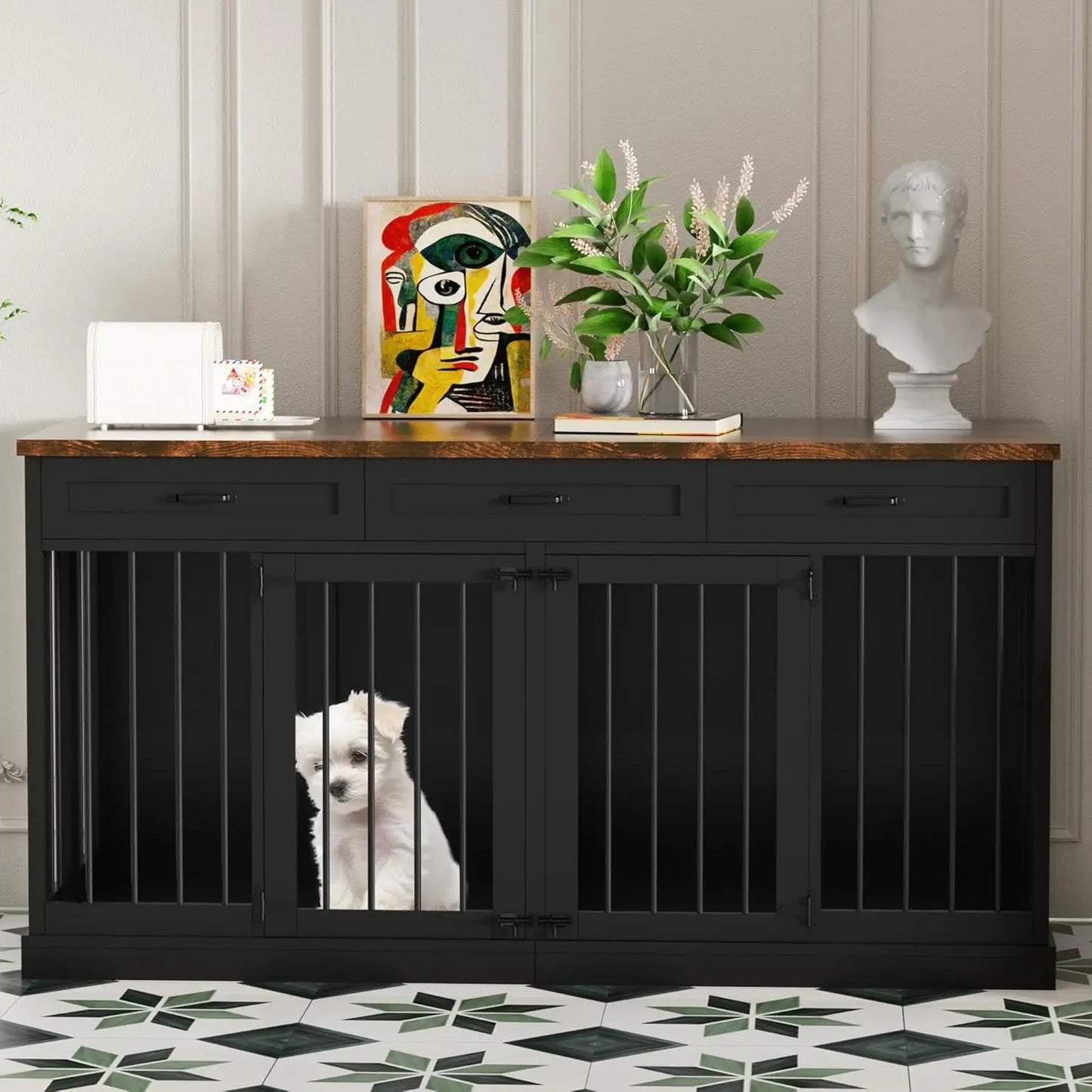 71 Inch Wooden Double Dog Crate Furniture For Large Breeds