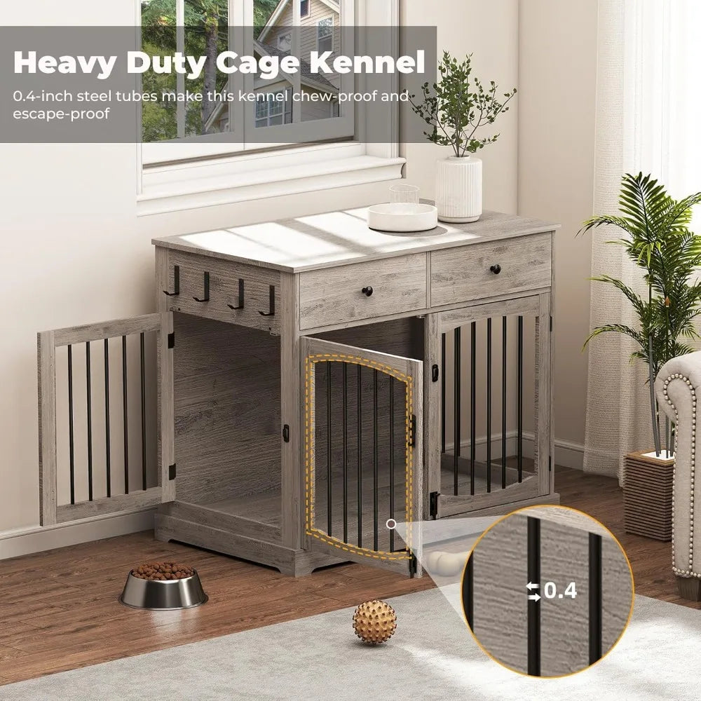 Wooden Dog Crate End Table Furniture With Storage Drawers And Double Doors Heavy Duty Kennel