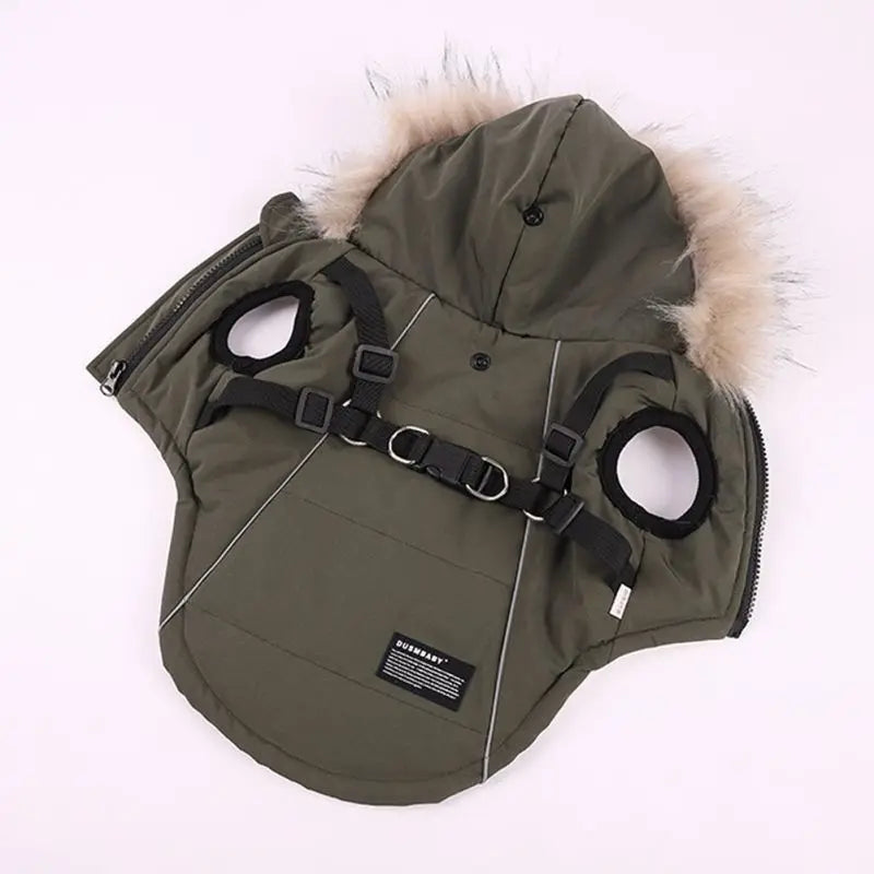 Autumn Winter Warm Dog Jacket With Harness Hooded Coat