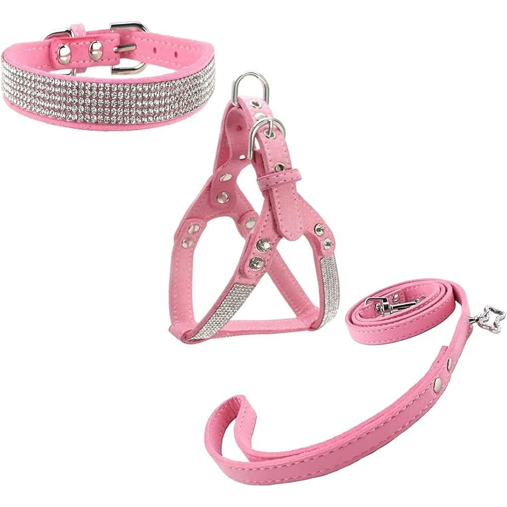 Comfortable Soft Dog Collar and Harness Set with Leash Stylish Diamante Design for Small Pets Training and Outdoor Activity