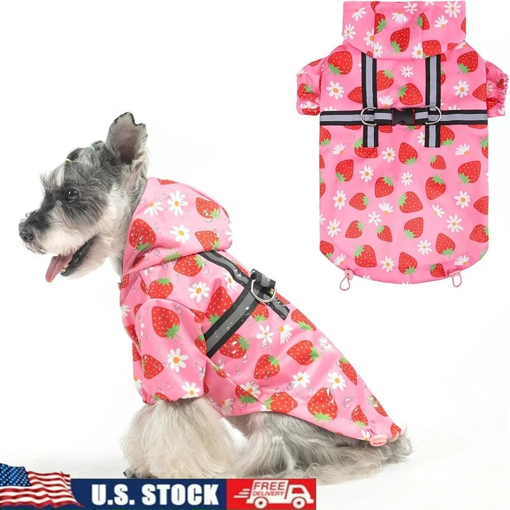 Waterproof Dog Raincoat Hooded With Built In Harness