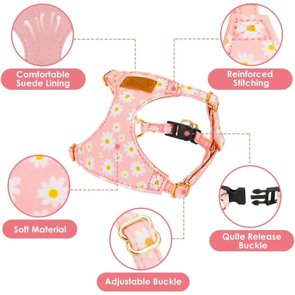 No Pull Dog Harness Adjustable Lightweight Soft Floral Pattern Pet Safety Leash Step In Design for Small Medium Dogs