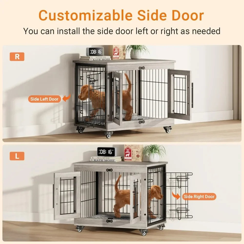 Indoor Wooden Dog Kennel With Cushion And Wheels End Table