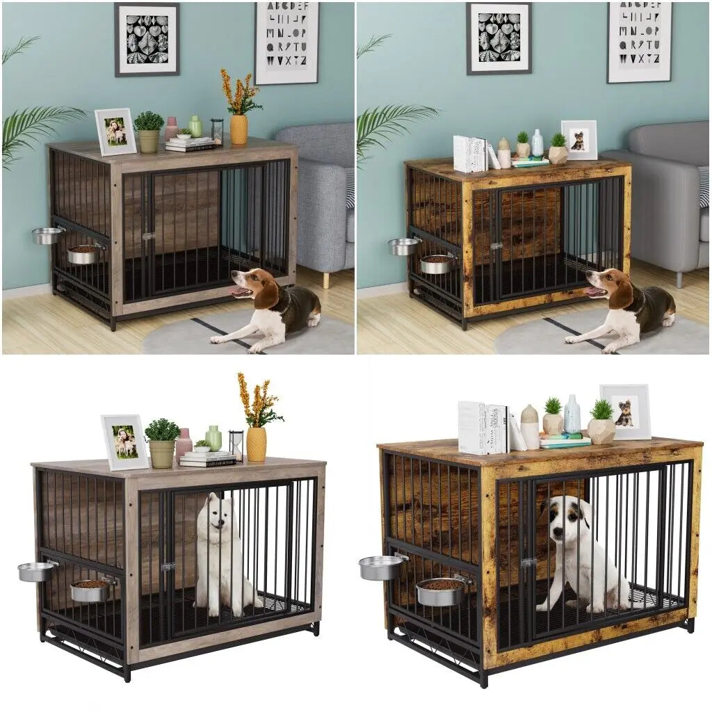 Wooden Dog Crate Furniture With 360 Rotatable Removable Bowls End Table Tray Double Doors Kennels For Medium Indoor Dogs