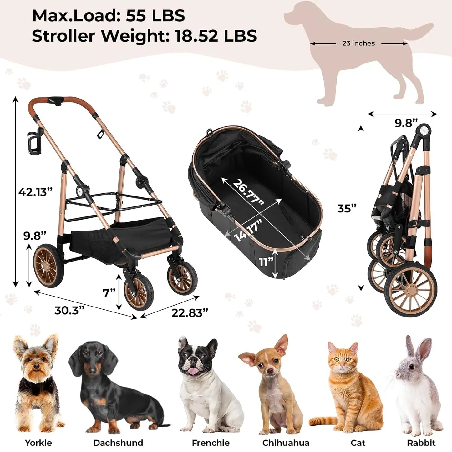 360 Degree High Wheel Foldable Pet Stroller 2 In 1 Dog Buggy Cat Carrier Attachable To Car Max Load 25 Kg