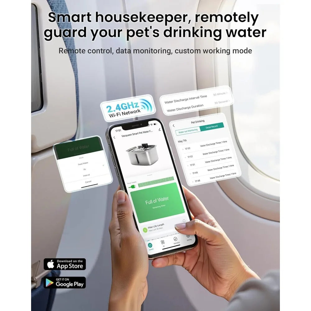 Large 10L Dog Water Dispenser Fountain Stainless Steel Pet Waterer With App Monitoring