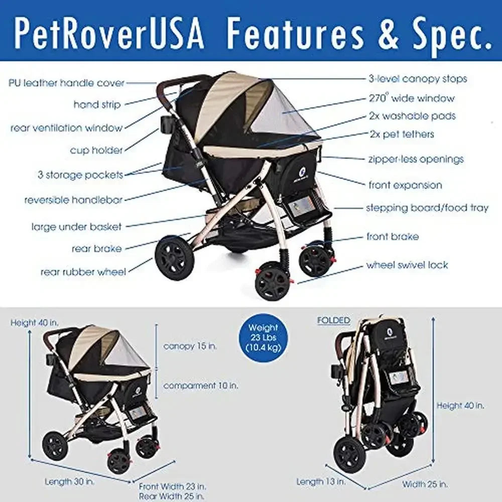 HPZ Pet Rover XL Long Heavy Duty Dog Cat Stroller 35In Convertible Aluminum Pump Free Rubber Wheels No Zipper Canopy