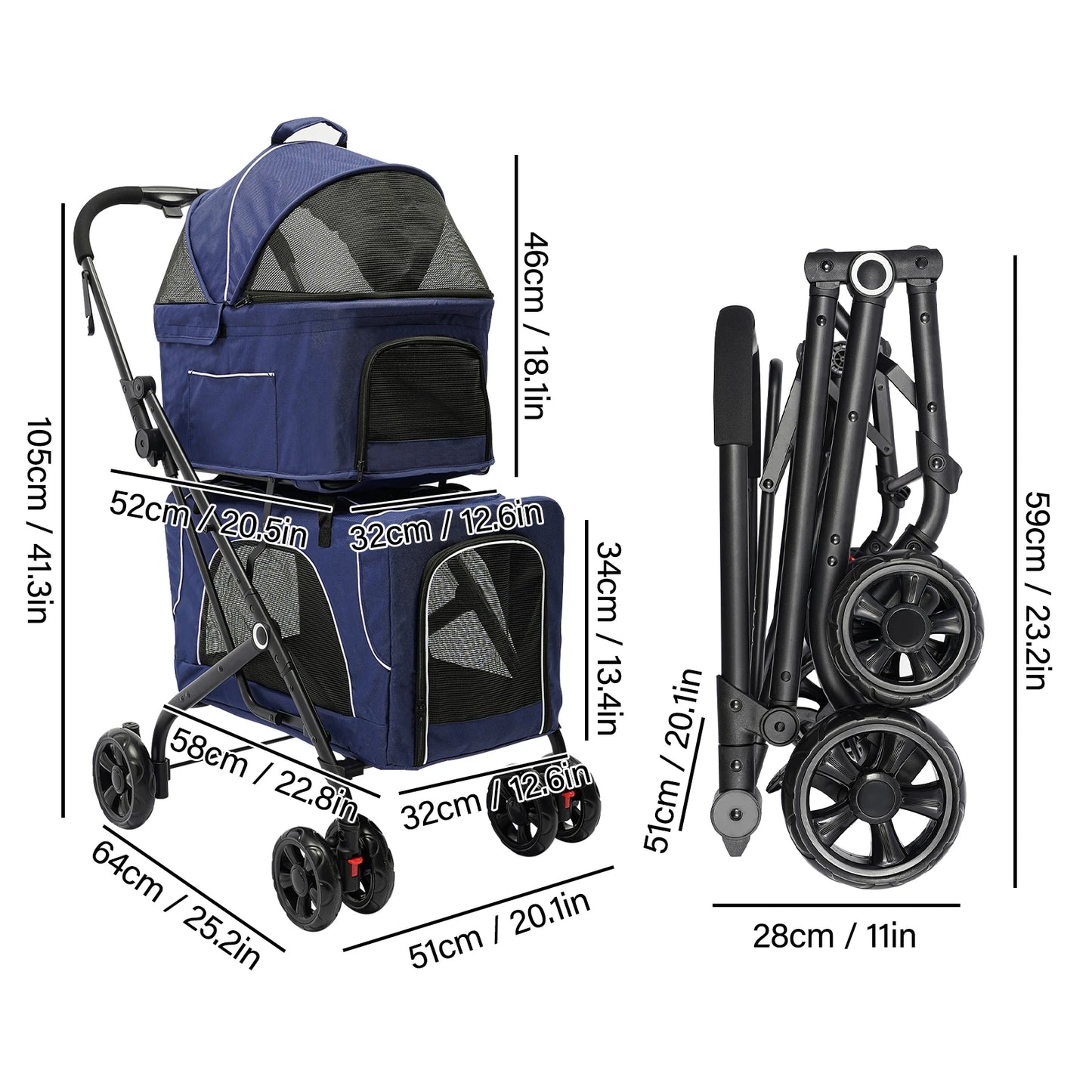 Foldable Pet Stroller For Dogs And Cats Double Carrier Travel Stroller With Storage Basket For Travel And Camping