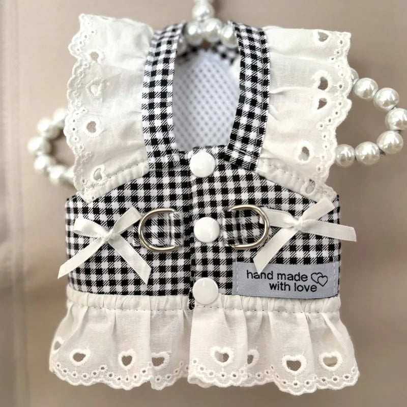 Lace Summer Clothes for Small Dogs Black Red Plaid Harness