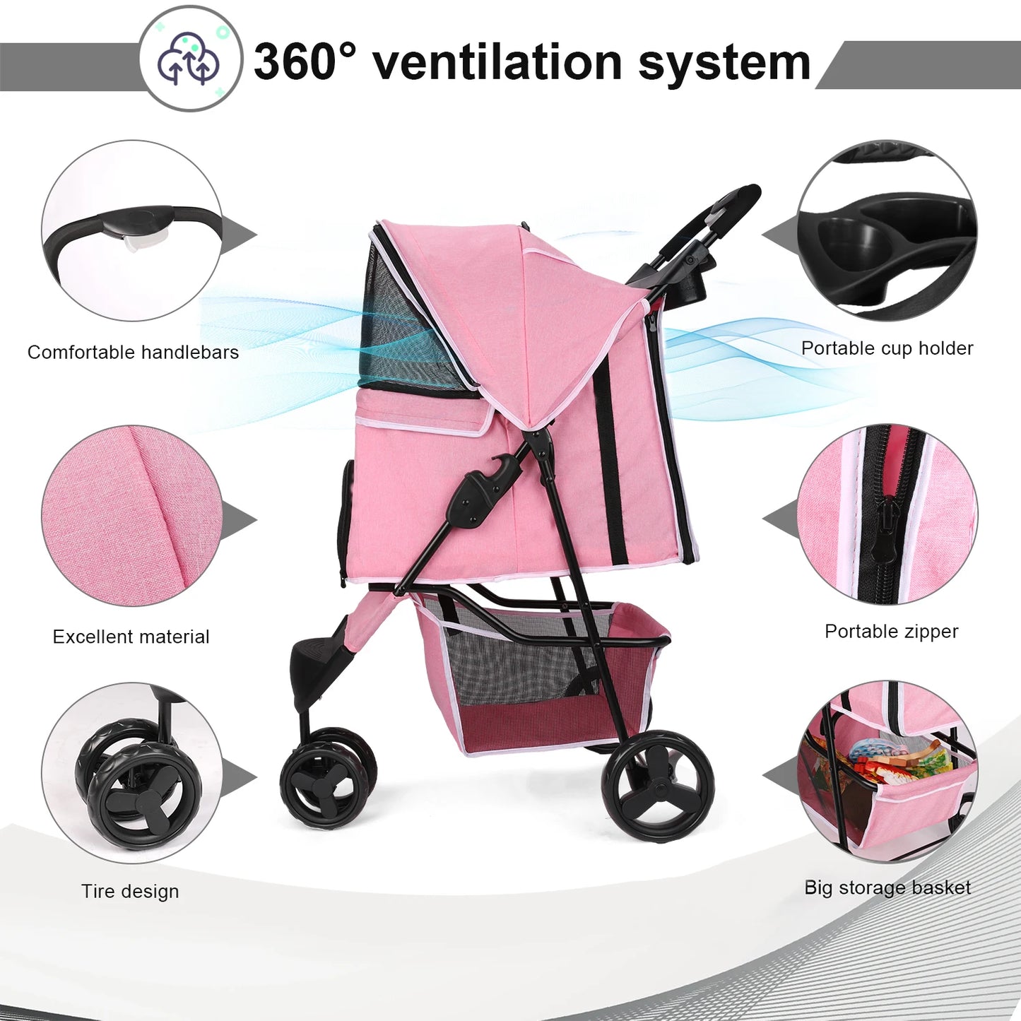 Three Wheel Foldable Pet Stroller For Dogs And Cats With Storage Basket And 360 Degree Swivel Handle