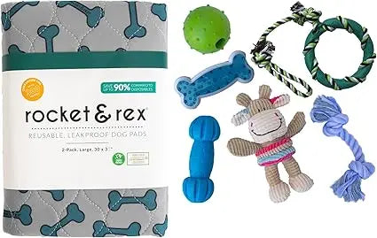 Rocket And Rex Premium Chew Toy Set And Reusable Pet Pads