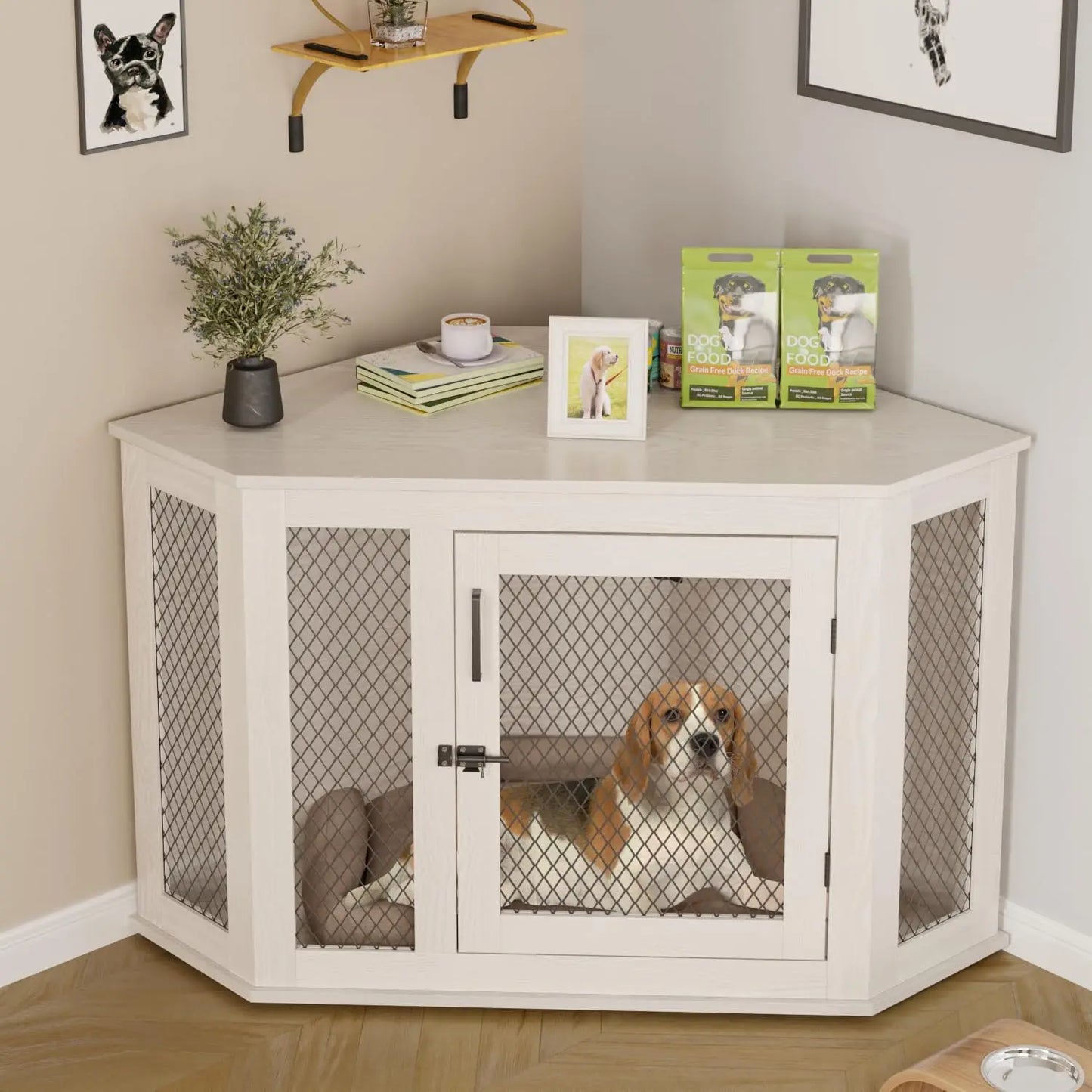 44 Inch Corner Dog Crate Furniture Wooden Kennel With Mesh