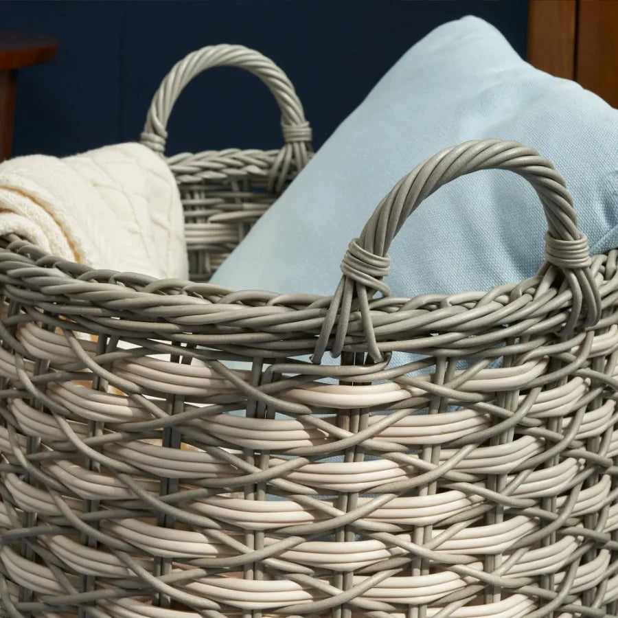 Zita Round Resin Woven Wicker Multi Use Storage Basket with Handles 18 Inch x 18 Inch x 19.6 Inch White Gray for Towel Toys Magazines
