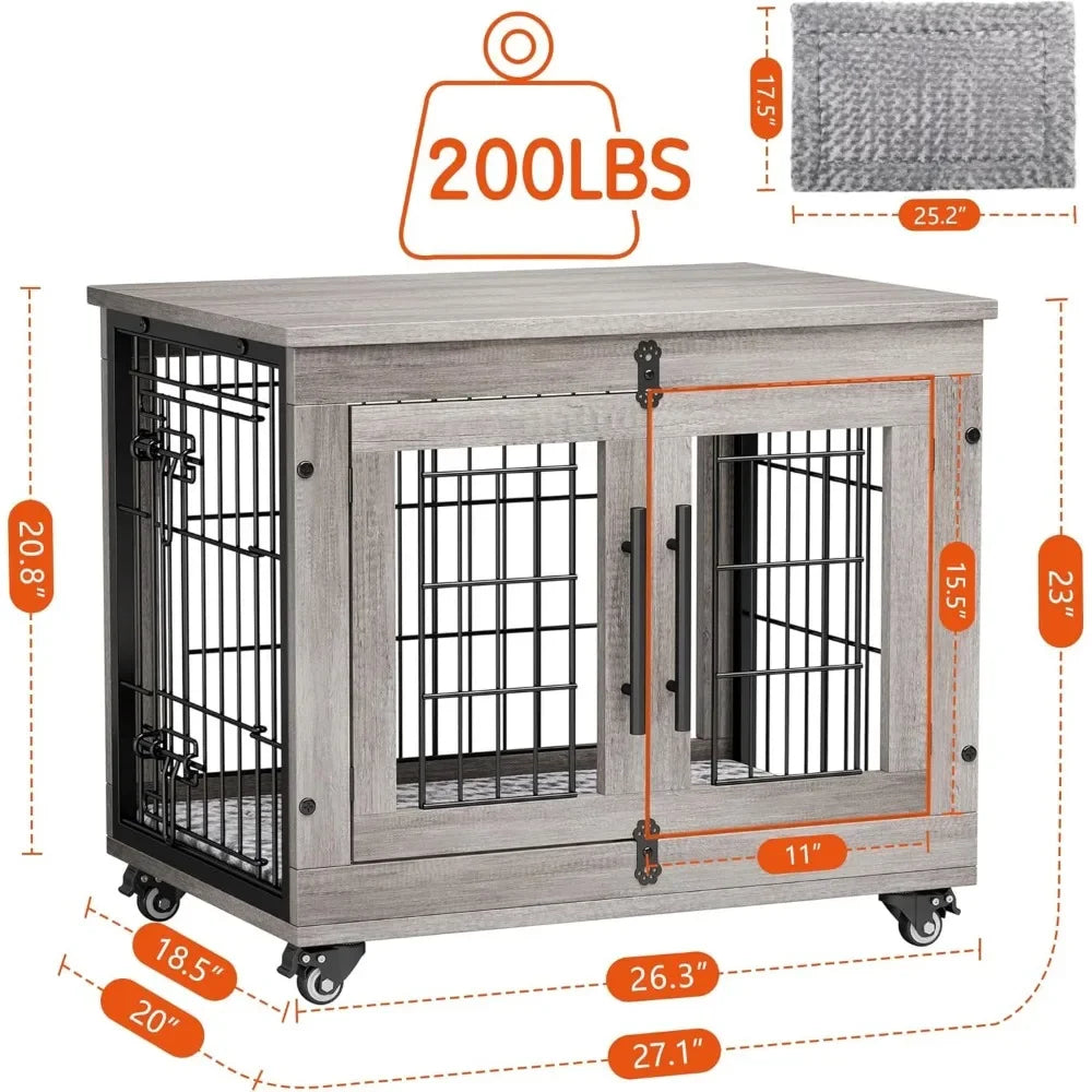 Indoor Wooden Dog Kennel With Cushion And Wheels End Table