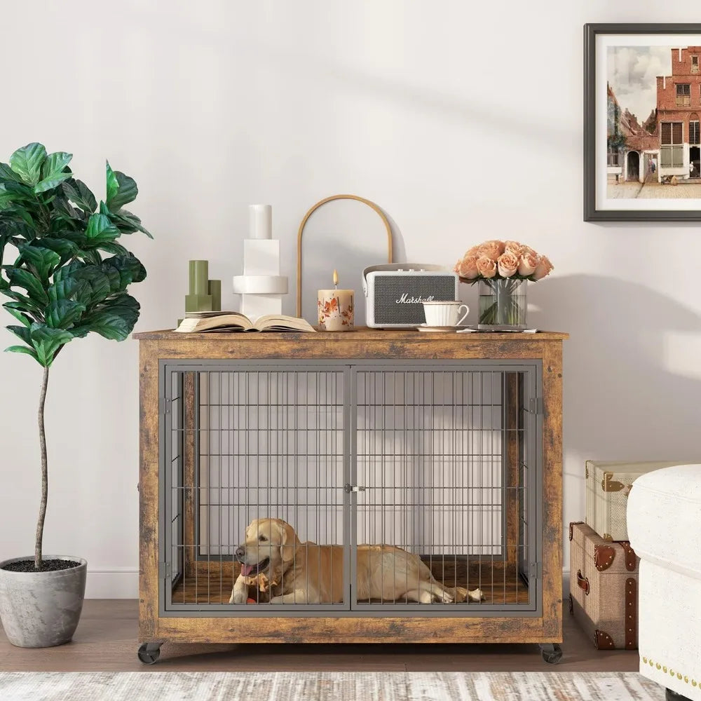 Angduo Wooden Dog Crate Table With 3 Doors Flip Up Top Opening And Wheels Decorative Pet Crate House