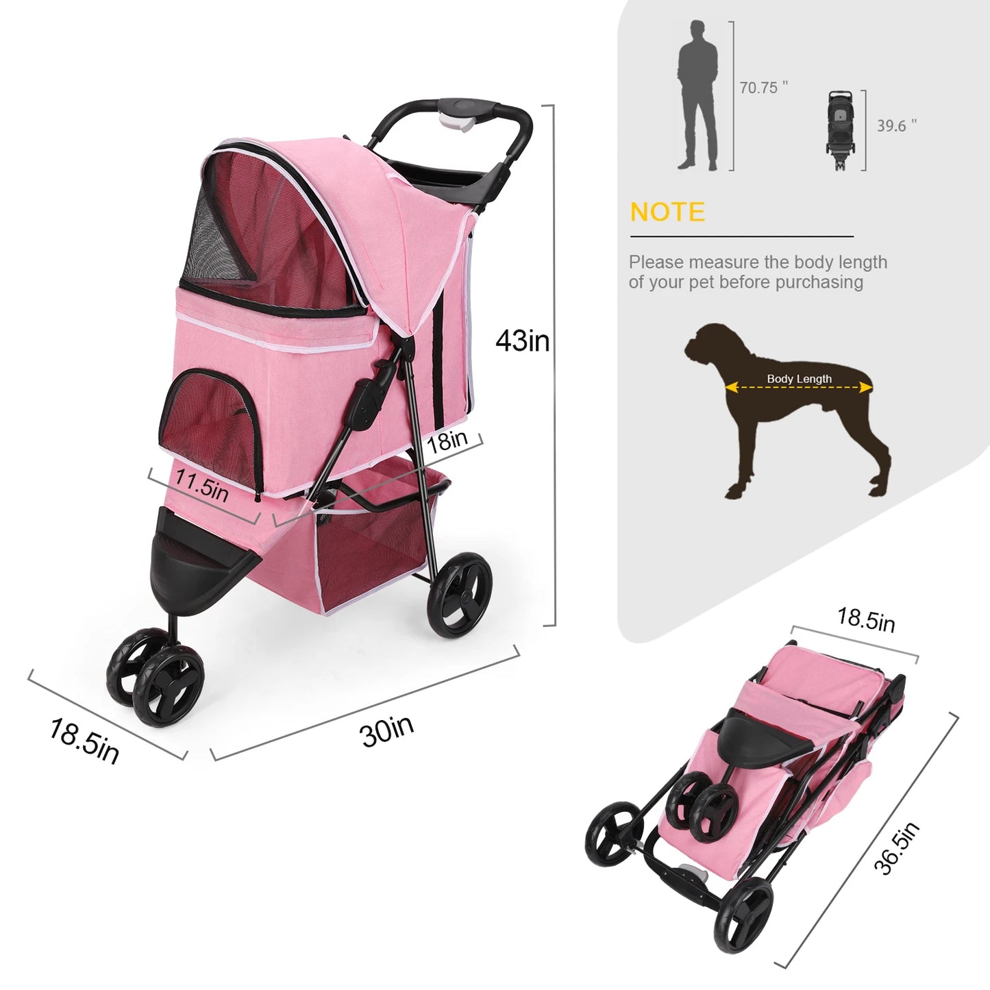 Three Wheel Foldable Pet Stroller For Dogs And Cats With Storage Basket And 360 Degree Swivel Handle