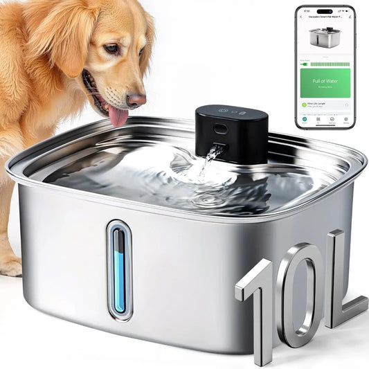 Large 10L Dog Water Dispenser Fountain Stainless Steel Pet Waterer With App Monitoring
