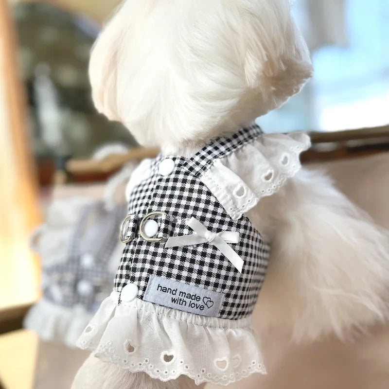Lace Summer Clothes for Small Dogs Black Red Plaid Harness