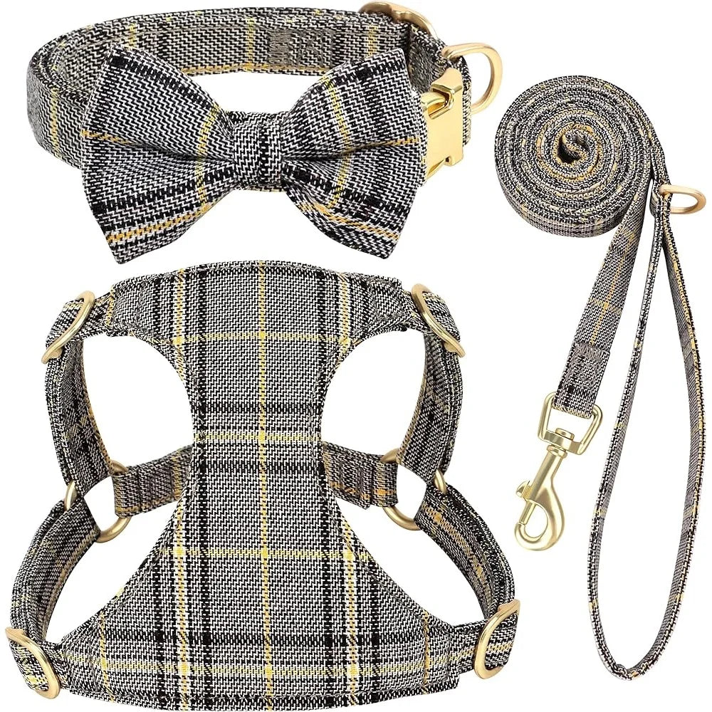 Cute Small Dog Harness Set Adjustable Soft Plaid Pet Collar Leash Bowtie for Puppies Walking Parties Comfort and Durability