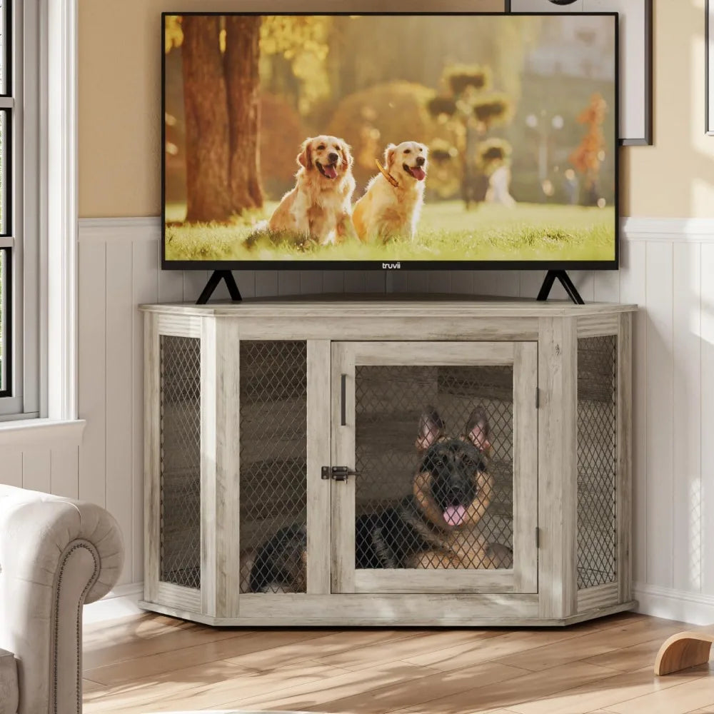 44 Inch Corner Dog Crate Furniture Wooden Kennel With Mesh