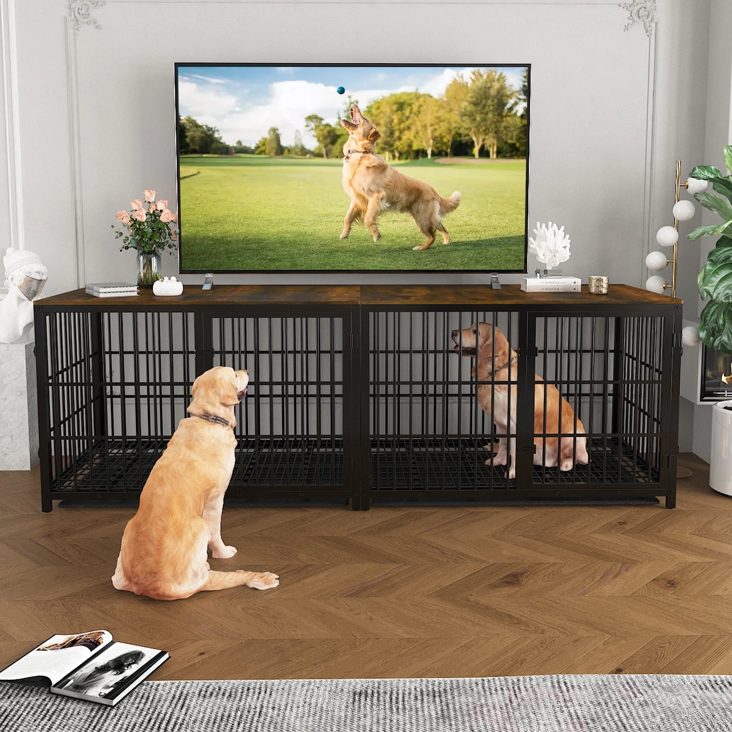 Furniture Style Extra Large Wooden Dog Cage Kennel End Side Table With Tray And 3 Doors For Medium To Large Dogs