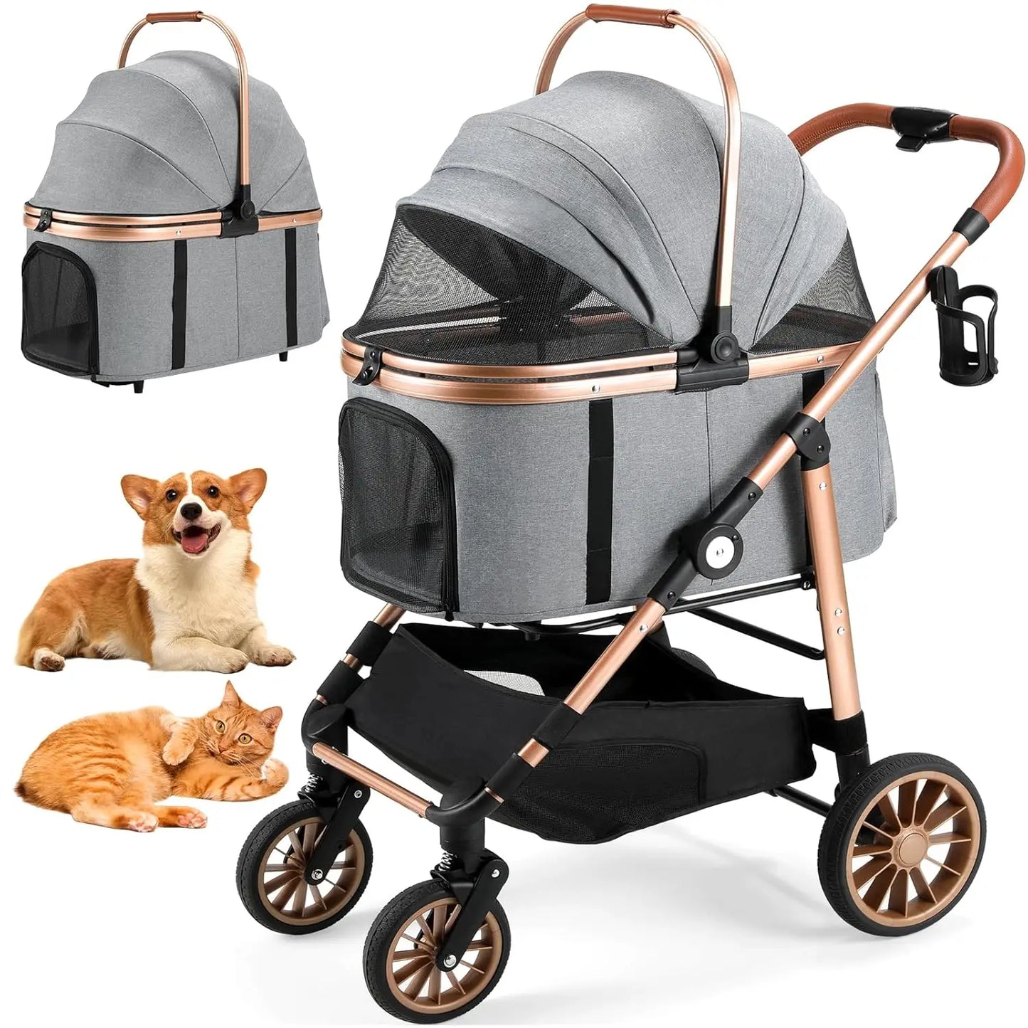 360 Degree High Wheel Foldable Pet Stroller 2 In 1 Dog Buggy Cat Carrier Attachable To Car Max Load 25 Kg