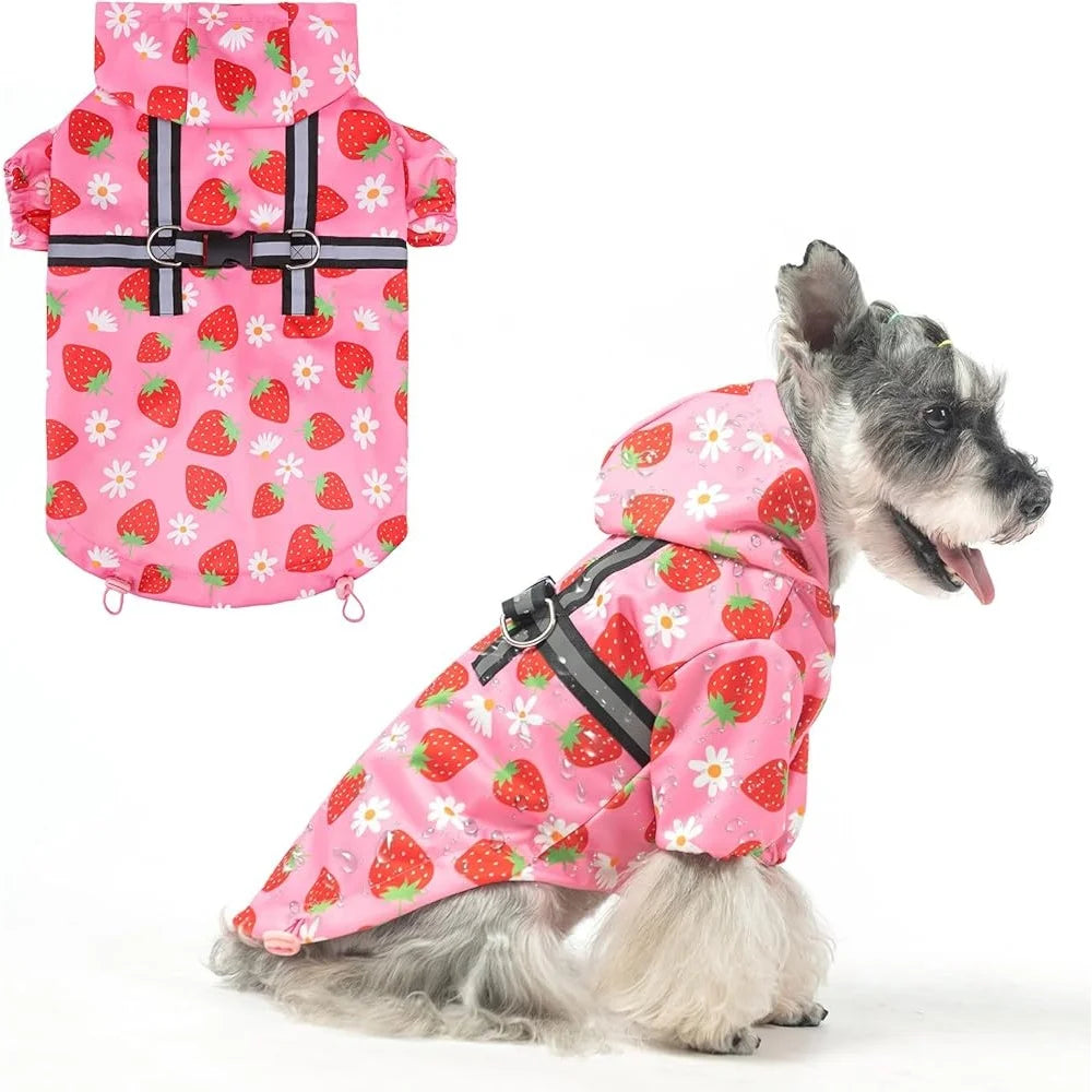 Waterproof Dog Raincoat Hooded With Built In Harness