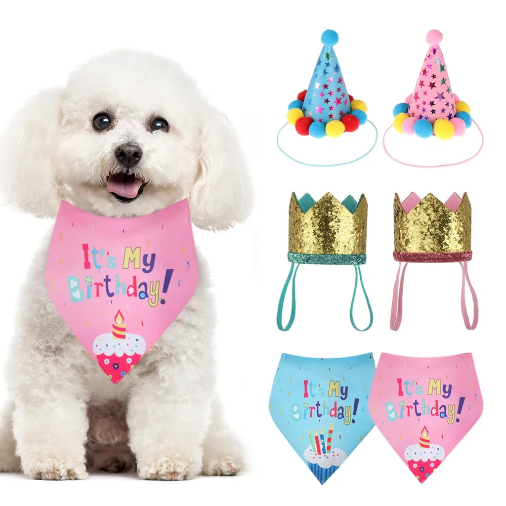 Pet Dogs Cats Birthday Caps Bibs Sequin Design Headwear Cap Hat Scarf Puppy Costume Christmas Party Bandana Pets Accessories