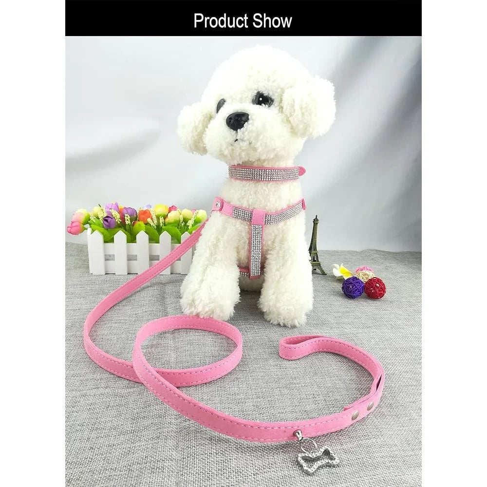 Comfortable Soft Dog Collar and Harness Set with Leash Stylish Diamante Design for Small Pets Training and Outdoor Activity