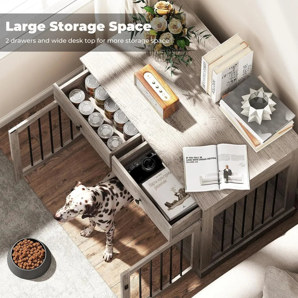 Wooden Dog Crate End Table Furniture With Storage Drawers And Double Doors Heavy Duty Kennel