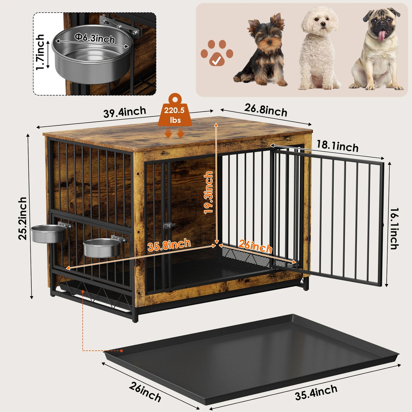 Wooden Dog Crate Furniture With 360 Rotatable Removable Bowls End Table Tray Double Doors Kennels For Medium Indoor Dogs