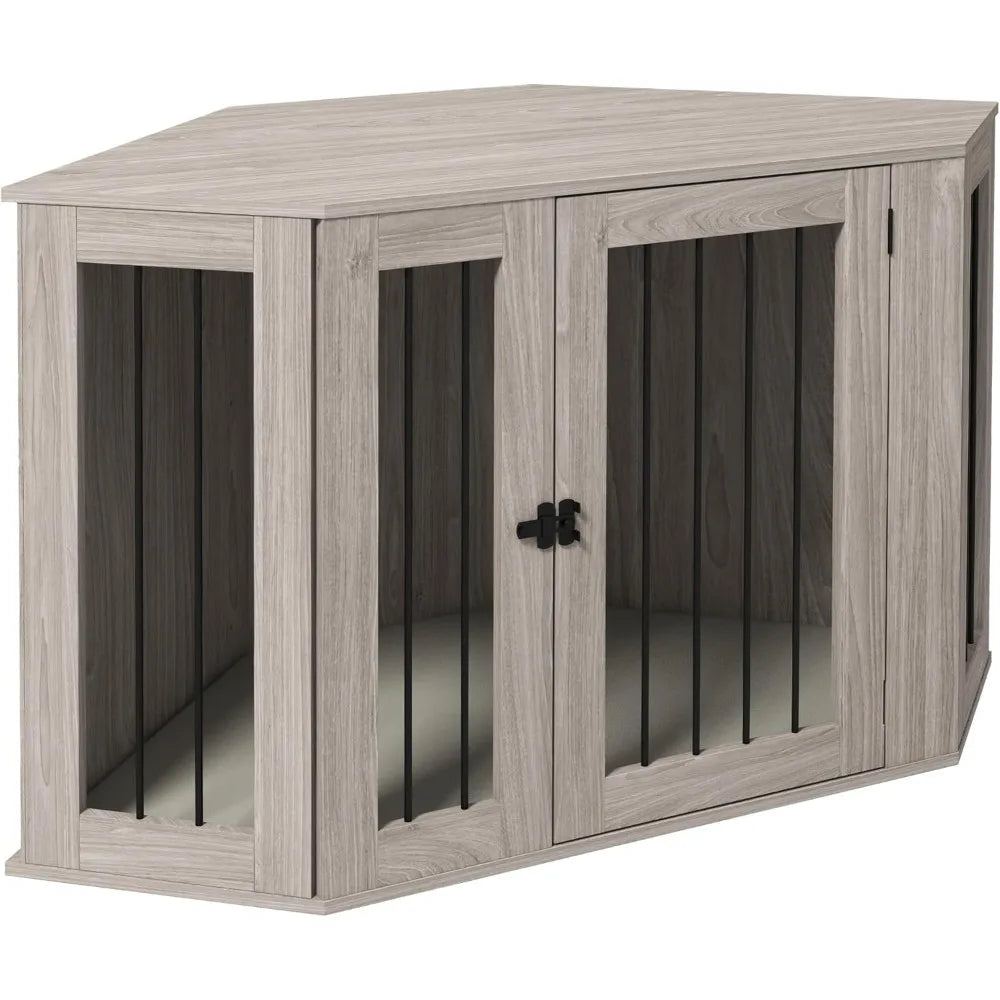 Corner Dog Crate Furniture, End Table Dog Kennel Furniture with Cushion, Pet Crate for Large-Sized Dog Indoor Use, Walnut Brown
