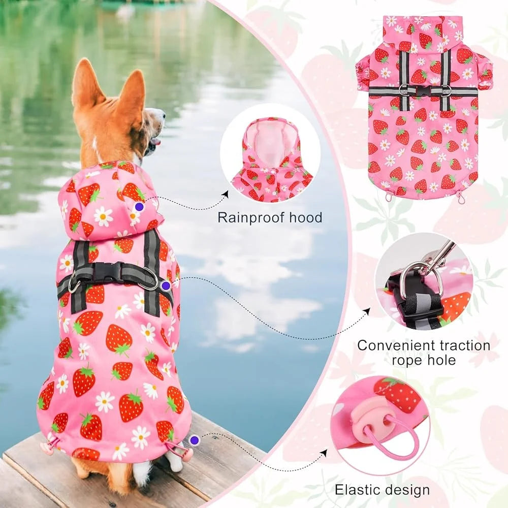 Waterproof Dog Raincoat Hooded With Built In Harness