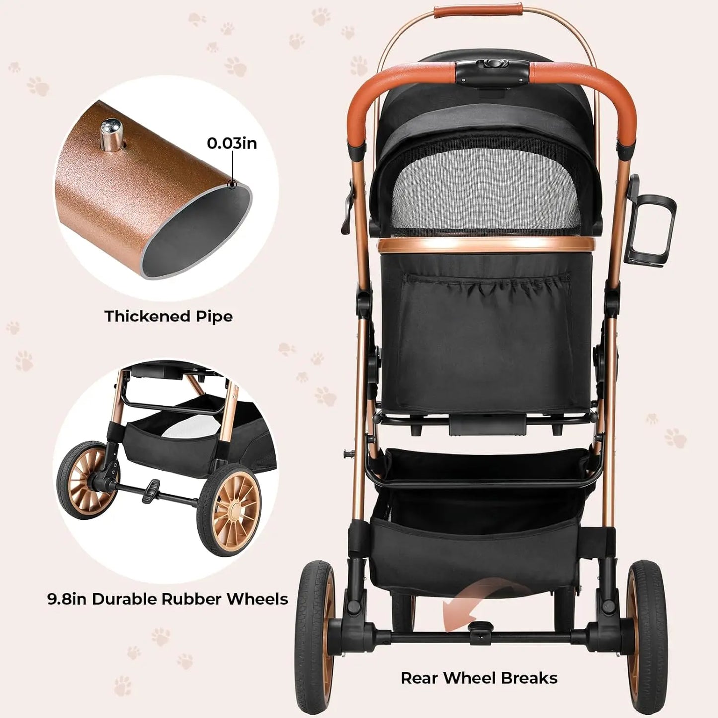360 Degree High Wheel Foldable Pet Stroller 2 In 1 Dog Buggy Cat Carrier Attachable To Car Max Load 25 Kg