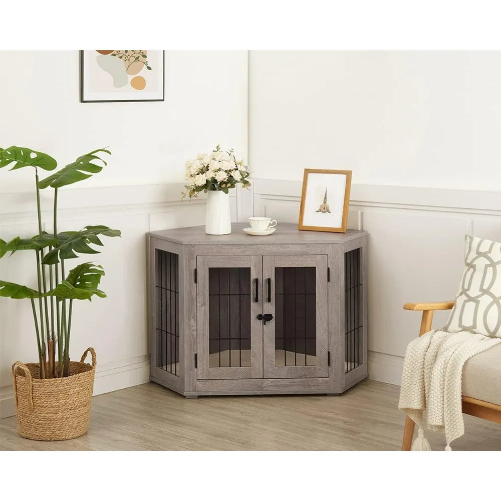Furniture Corner Dog Crate/Kennel Wooden End Table with Cushion, Indoor Pet Crate Side Table for Small Medium Dogs Puppy, Perfe