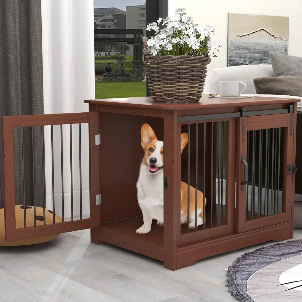 Solid Wood Farmhouse Style Dog Crate With Dual Door Access For Medium Dogs Indoor Kennel