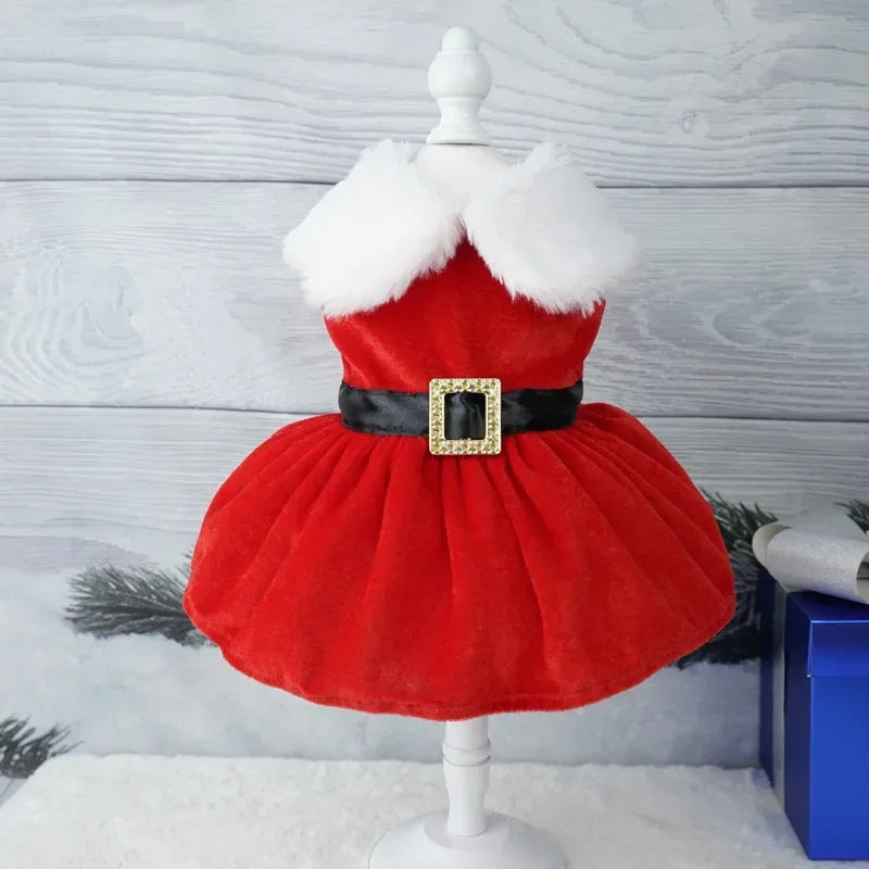 Christmas Dog Coat Dress Red Skirt Bow Warm Holiday Costume