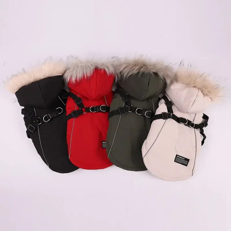 Winter Dog Jacket With Harness Warm Waterproof Hooded Coat