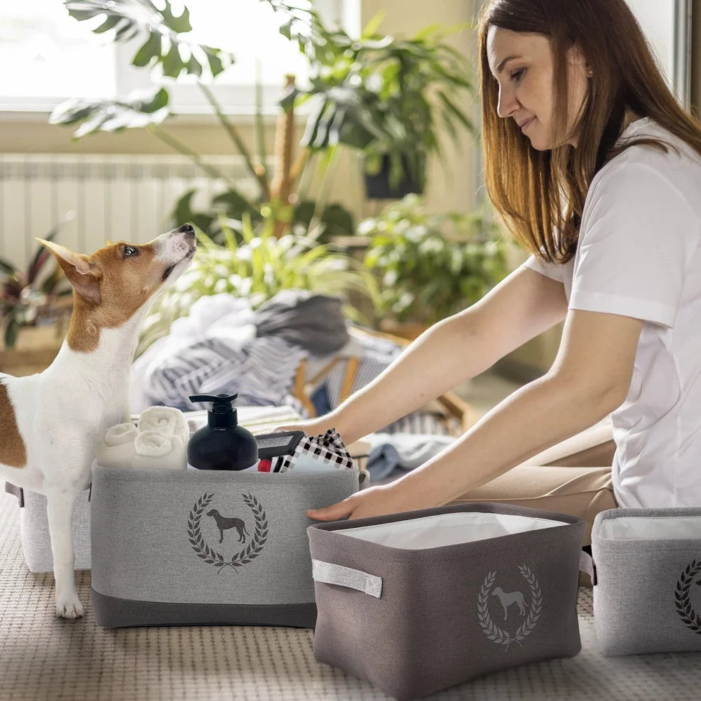 Linen Dog Storage Bins Set of 3 Eco-Friendly Pet Organizers for Toys Treats Leashes Collars Medicine and Grooming Tools