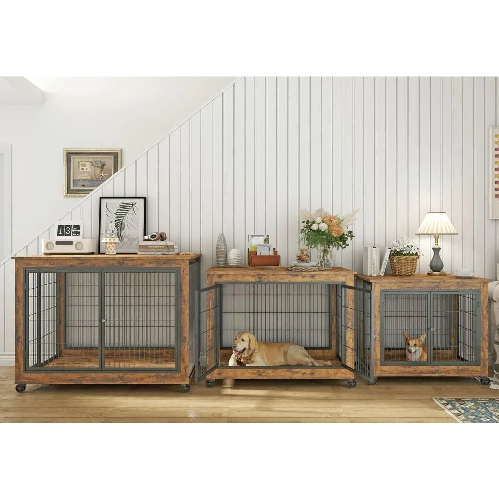 Angduo Wooden Dog Crate Table With 3 Doors Flip Up Top Opening And Wheels Decorative Pet Crate House