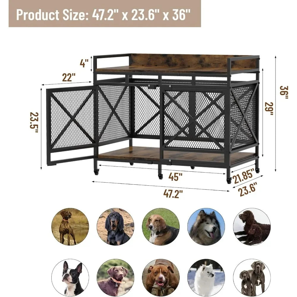 Large Dog Crate Furniture 48 Inch Heavy Duty Kennel Wheels