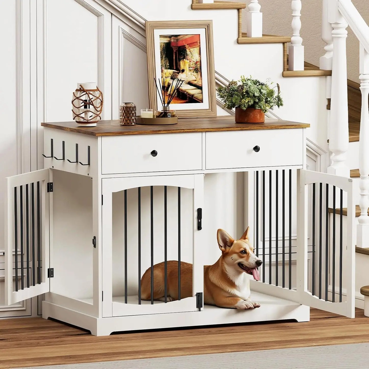 Wooden Dog Crate End Table Furniture With Storage Drawers And Double Doors Heavy Duty Kennel