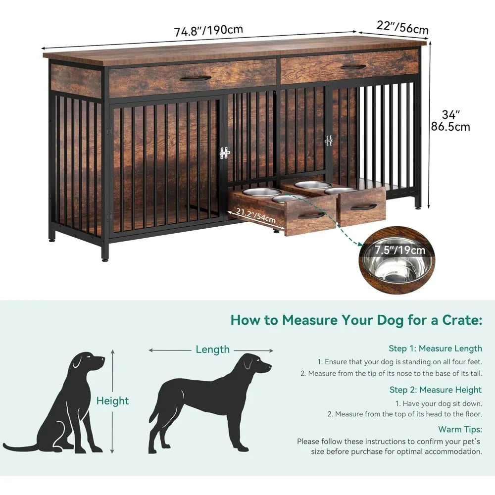 Double Dog Crate Furniture With Feeder Storage Large Breed