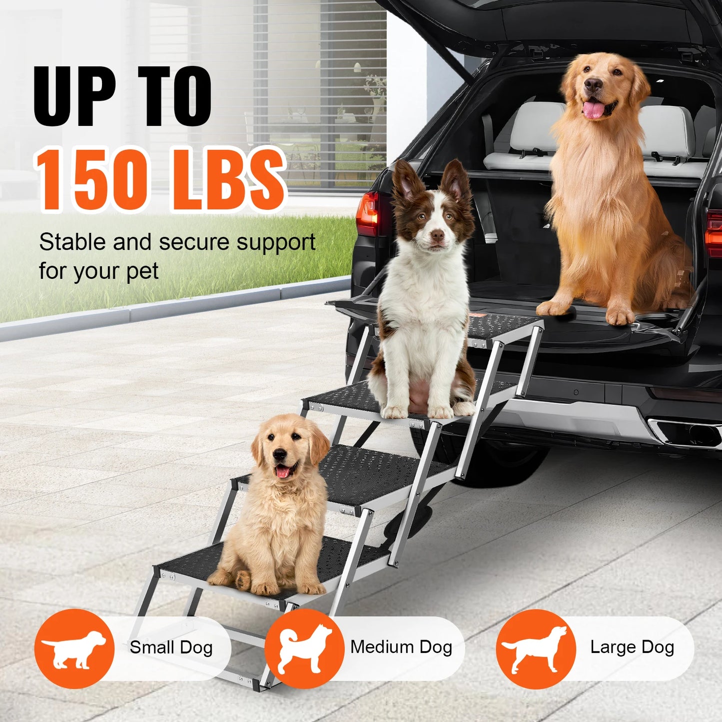 SucceBuy Dog Stair For Cars Wide Dog Car Steps Folding Portable Pet Steps Lightweight Aluminum Up To 150 Pounds