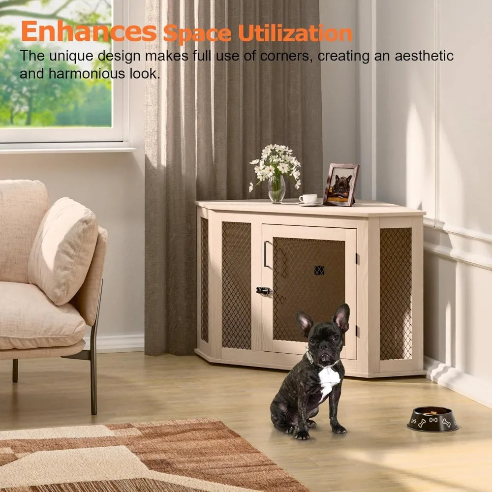 Wooden Dog Crate Furniture 44 Inch End Table With Mesh For Small To Medium Dogs Indoor Use Durable Waterproof