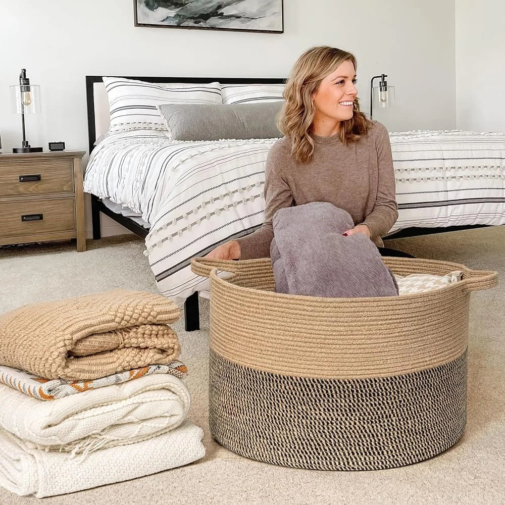 Extra Large Wicker Storage Basket 83L Round Jute Laundry Basket Woven Blanket Organizer Large Capacity Baskets with Handles