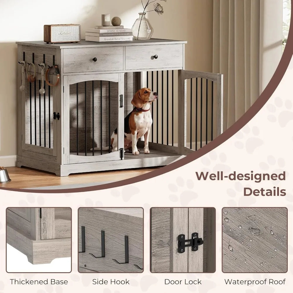 Wooden Dog Crate End Table Furniture With Storage Drawers And Double Doors Heavy Duty Kennel
