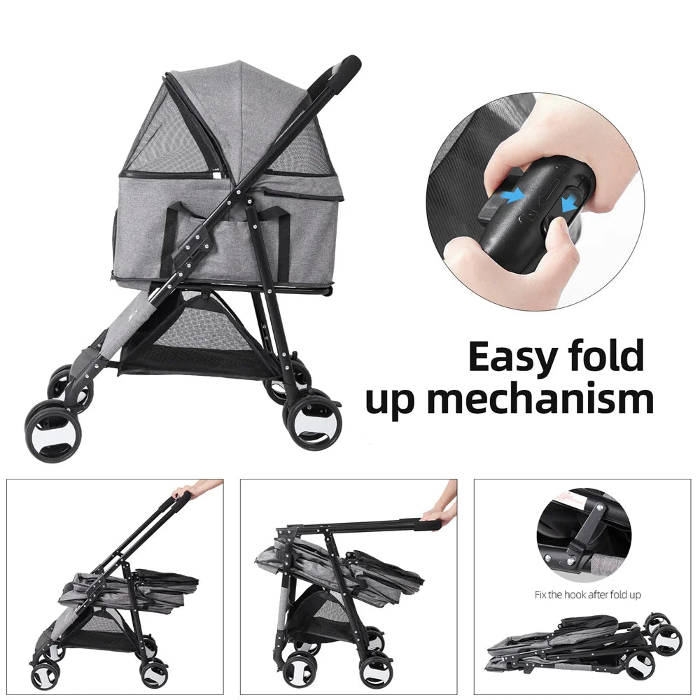 Foldable Pet Stroller Travel Carrier For Dogs And Cats With 4 Wheels And Rain Cover
